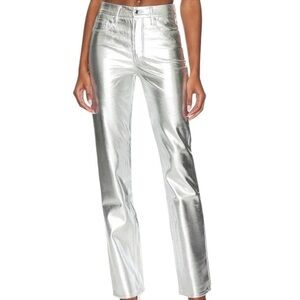 Good American Faux Leather Good Icon Straight Pants Womens 10/30 Silver